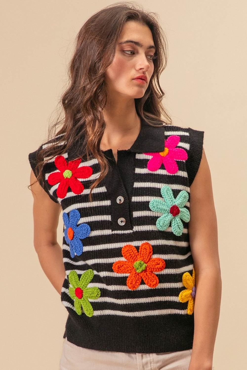 BiBi Flower Patch Striped Half Button Sweater Vest - Brand BiBi *