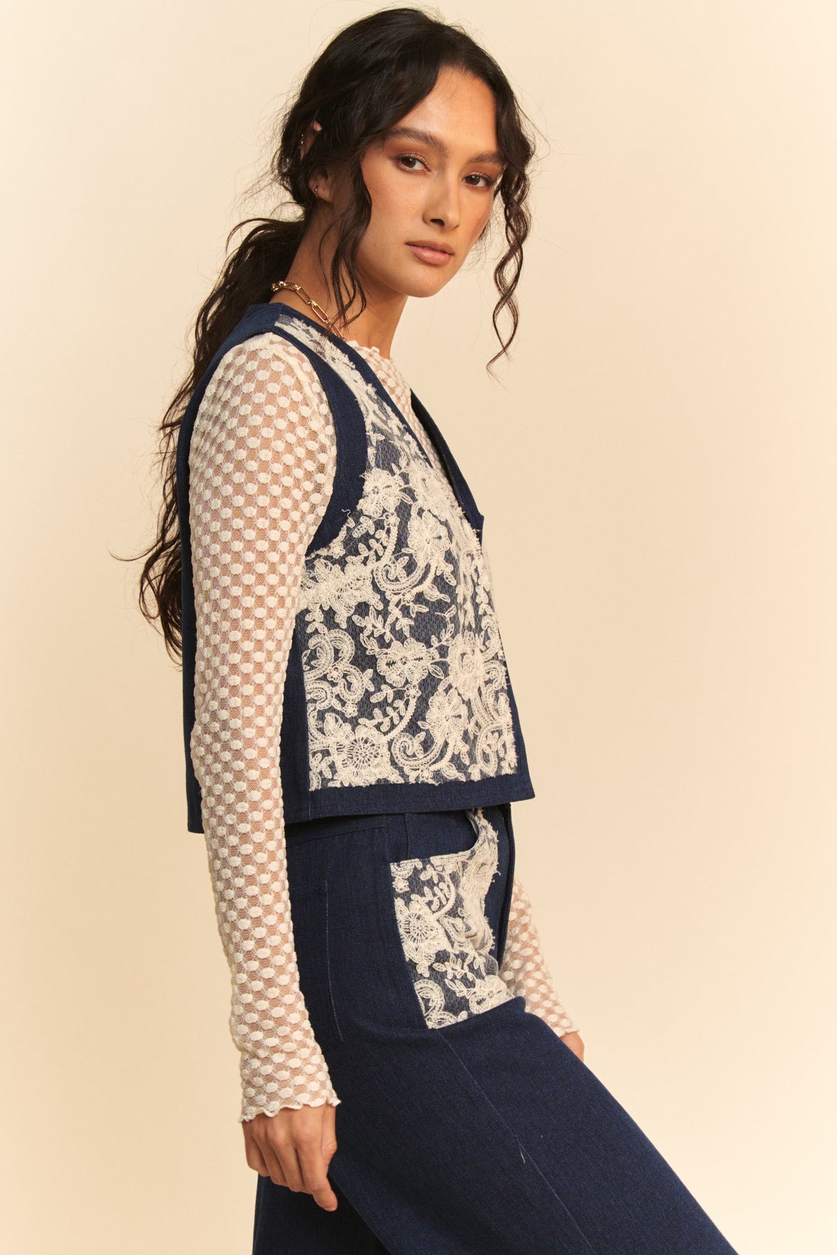Davi & Dani Lace Patch Open Front Denim Vest *