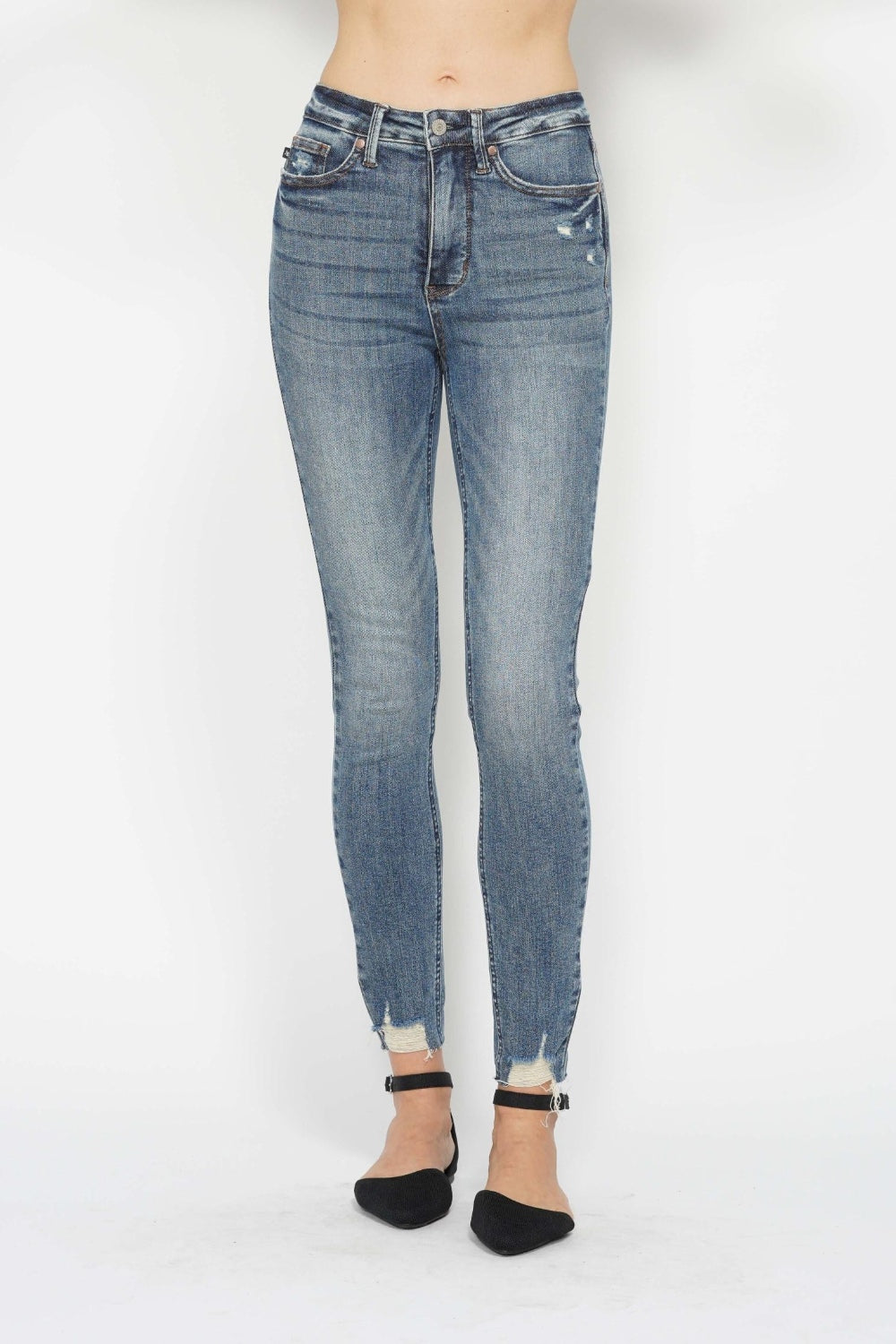 Judy Blue Full Size Tummy Control Vintage Wash Hem Destroy Skinny Jeans *
