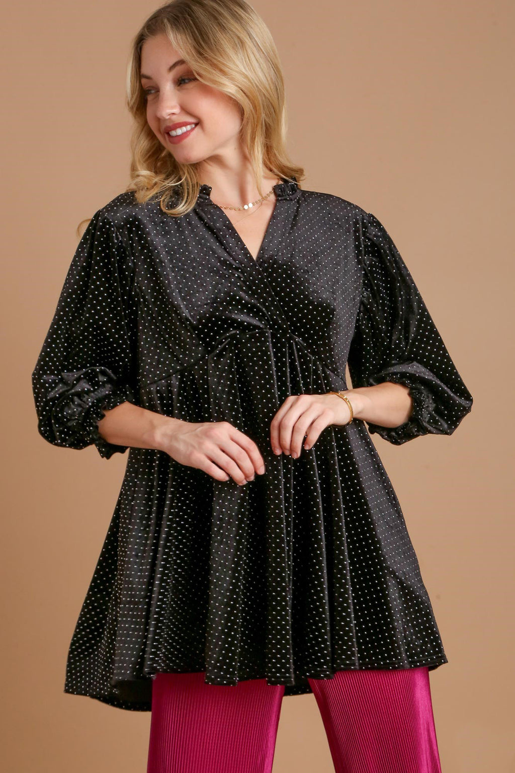 Umgee Full Size Beaded Frill Flounce Sleeve Velvet Babydoll Blouse *