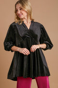 Umgee Full Size Beaded Frill Flounce Sleeve Velvet Babydoll Blouse *