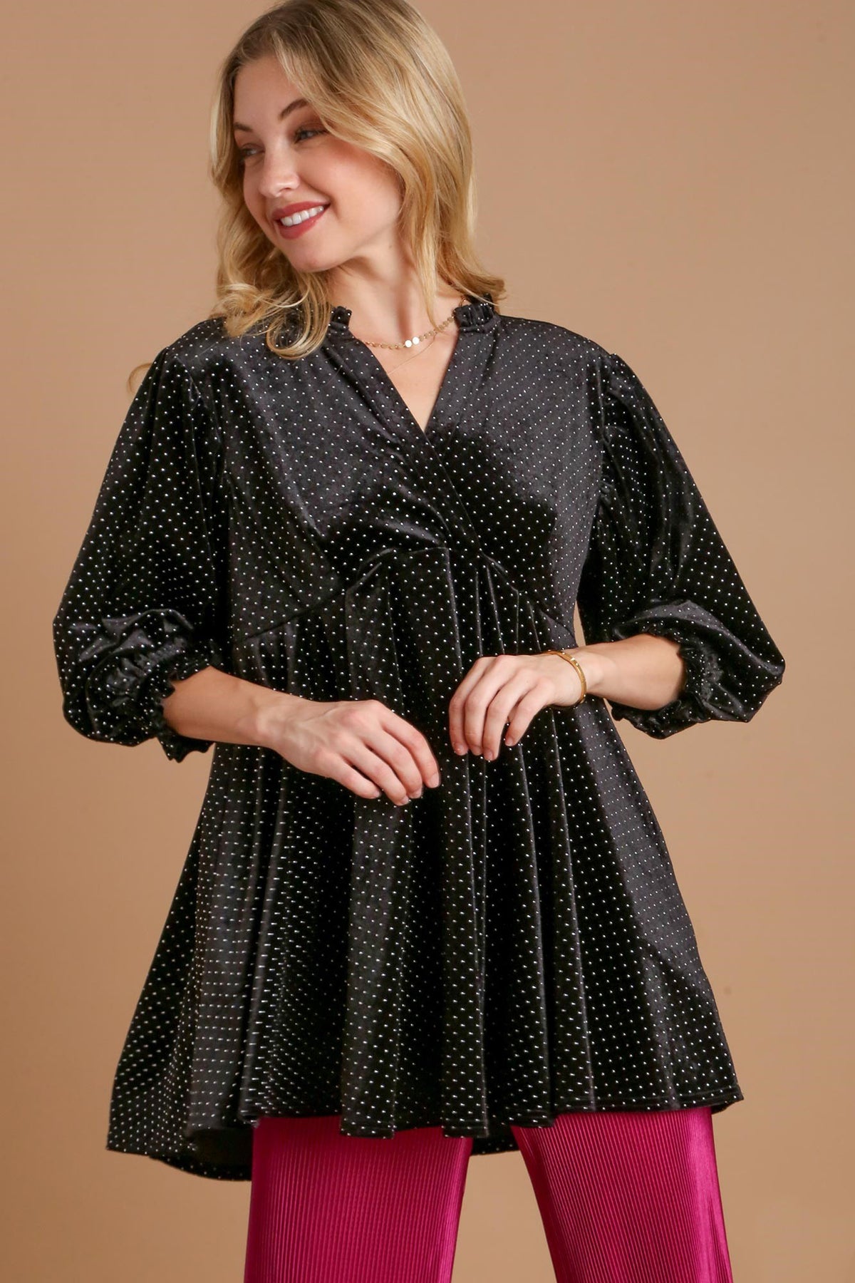 Umgee Full Size Beaded Frill Flounce Sleeve Velvet Babydoll Blouse *