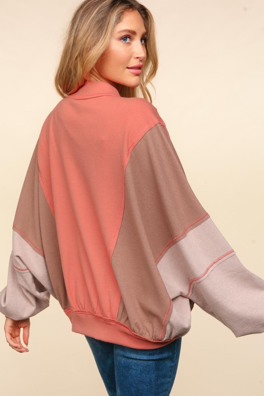 Haptics Zip Up Color Block Bomber Jacket with Side Pockets *