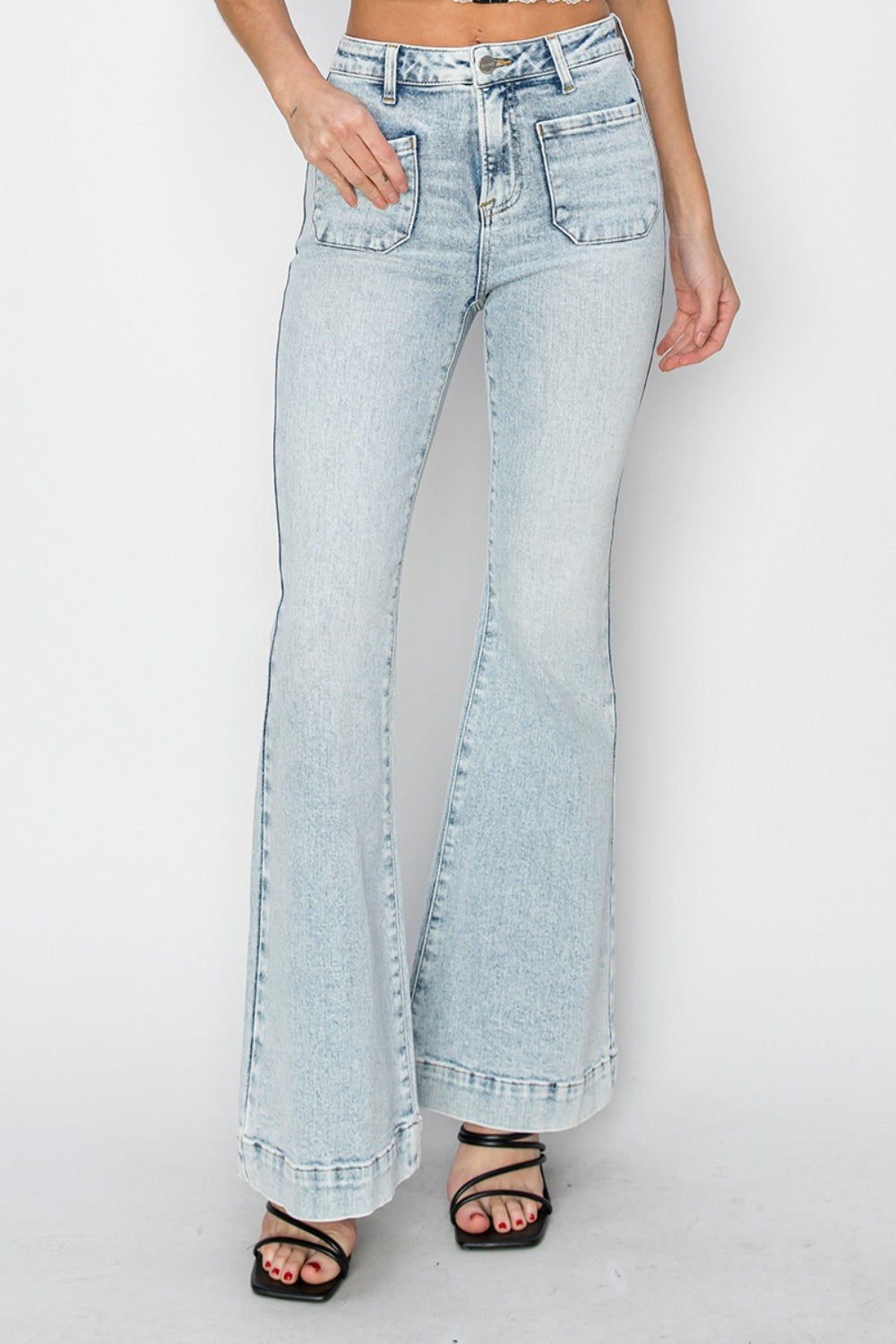 Risen Full Size High Rise Front Patch Pocket Flare Jeans *