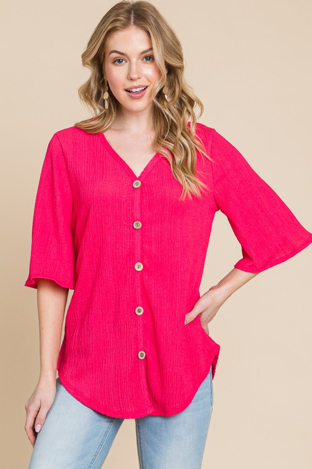 BOMBOM Texture Decorative Button V-Neck Top *