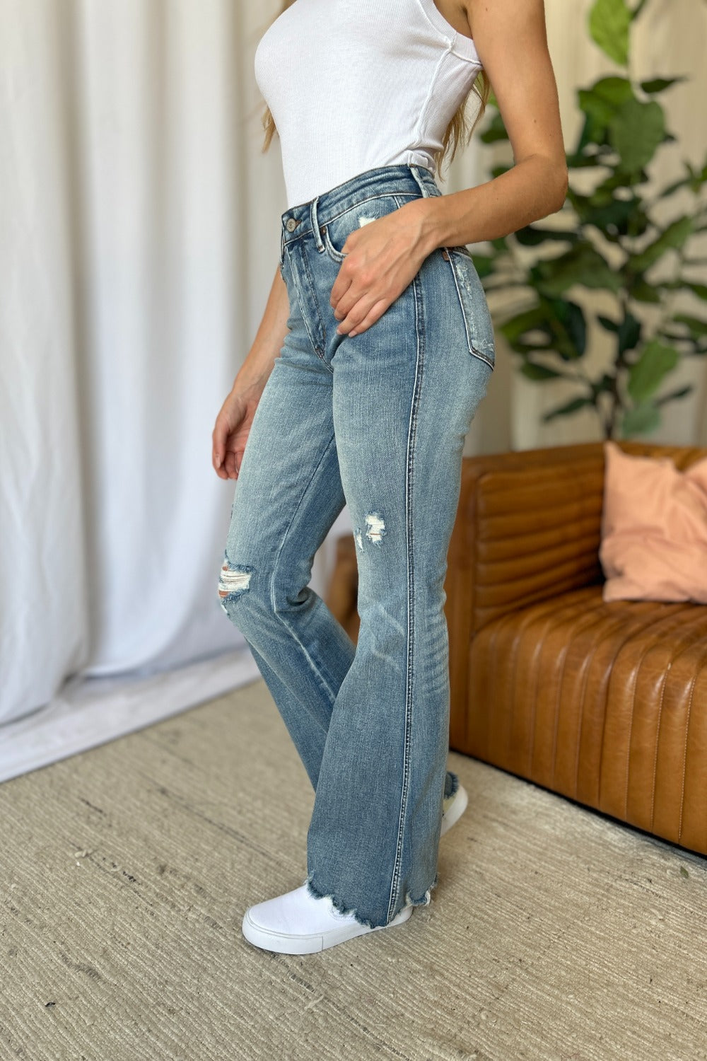 Judy Blue Full Size Medium Rise Tummy Control Destroy Flare Jeans *