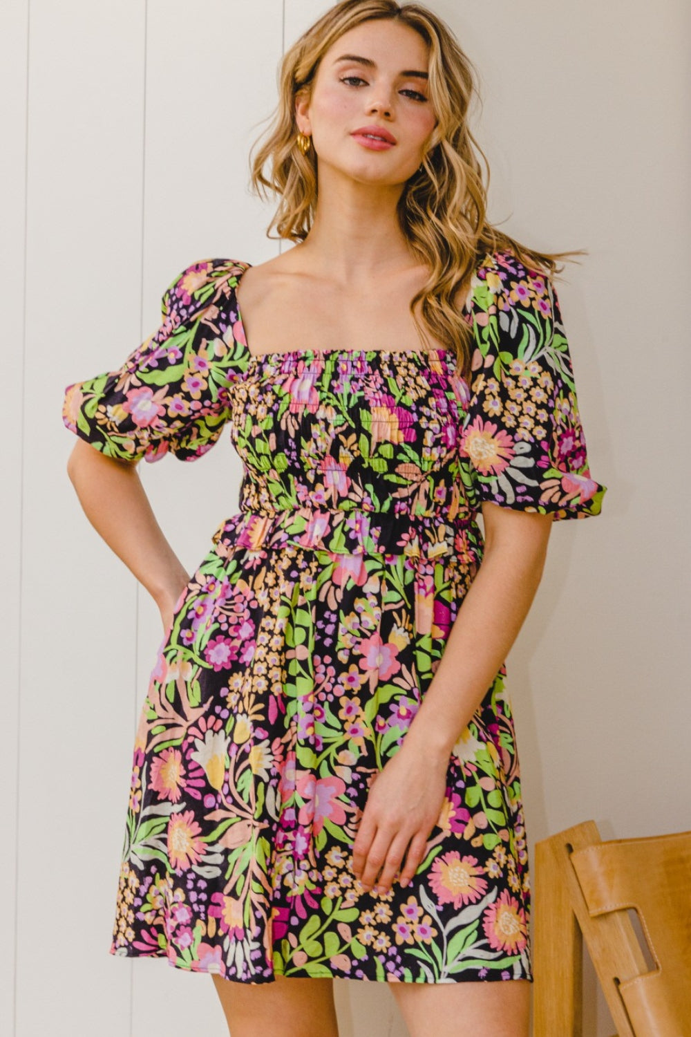 ODDI Full Size Floral Tie-Back Mini Dress *