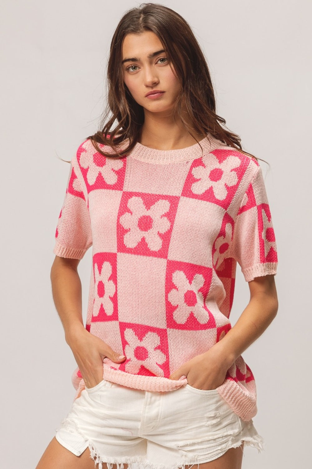 BiBi Flower Checker Pattern Short Sleeve Sweater - Brand BiBi