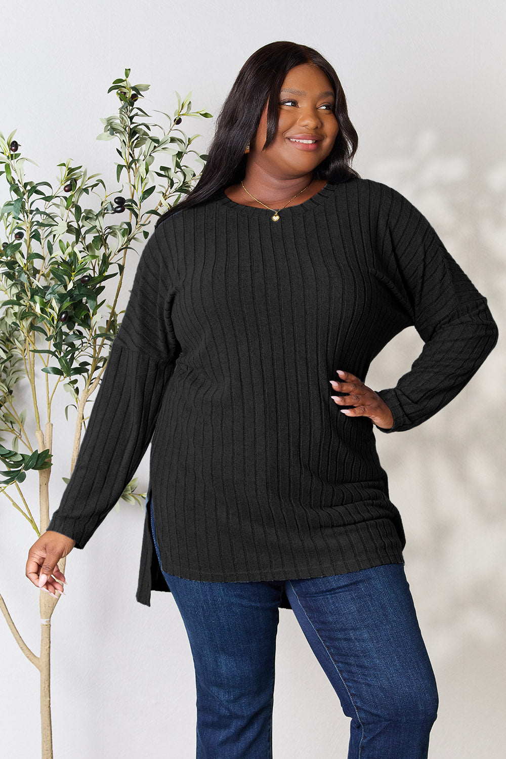 Basic Bae Full Size Ribbed Round Neck Long Sleeve Slit Top *