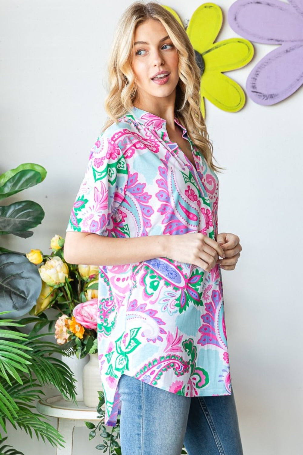 Heimish Full Size Paisley Print Short Sleeve Top *