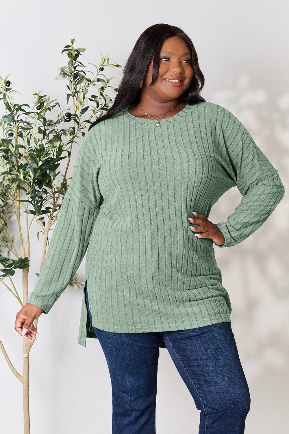 Basic Bae Full Size Ribbed Round Neck Long Sleeve Slit Top *