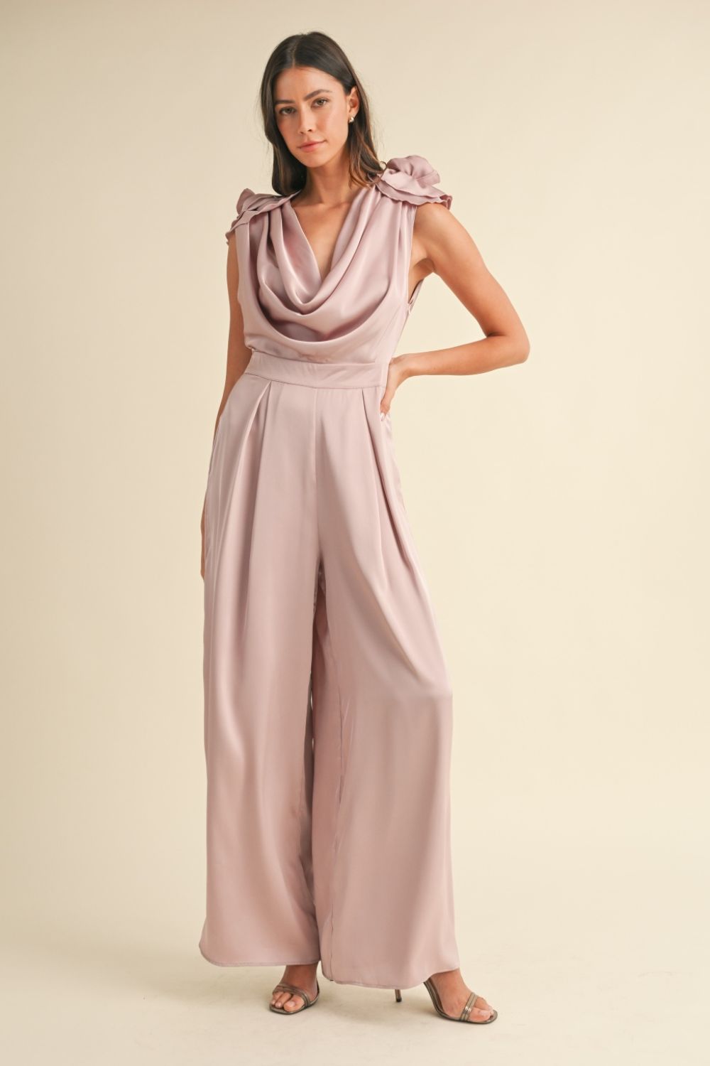 MABLE 3D Floral Applique Deep Cowl Neck Jumpsuit *