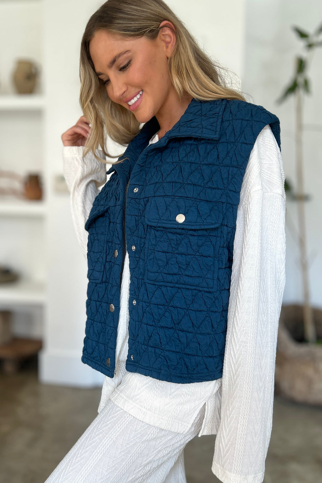 Double Take Full Size Pocketed Texture Snap Down Vest Coat *