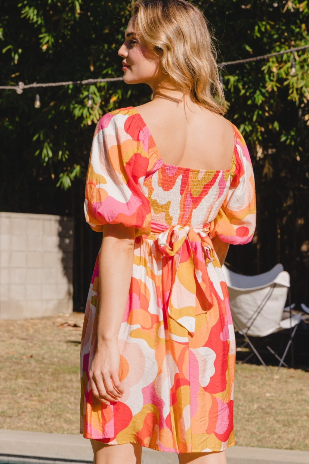 ODDI Full Size Printed Tied Back Short Sleeve Mini Dress *