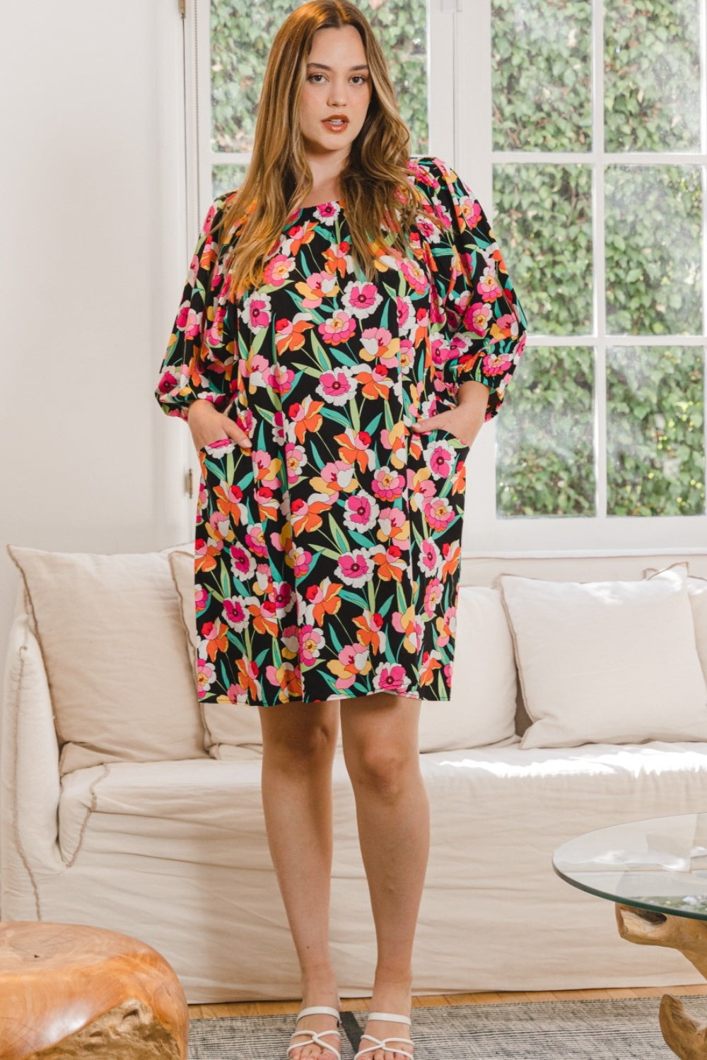 ODDI Full Size Floral Puff Sleeve Mini Dress *