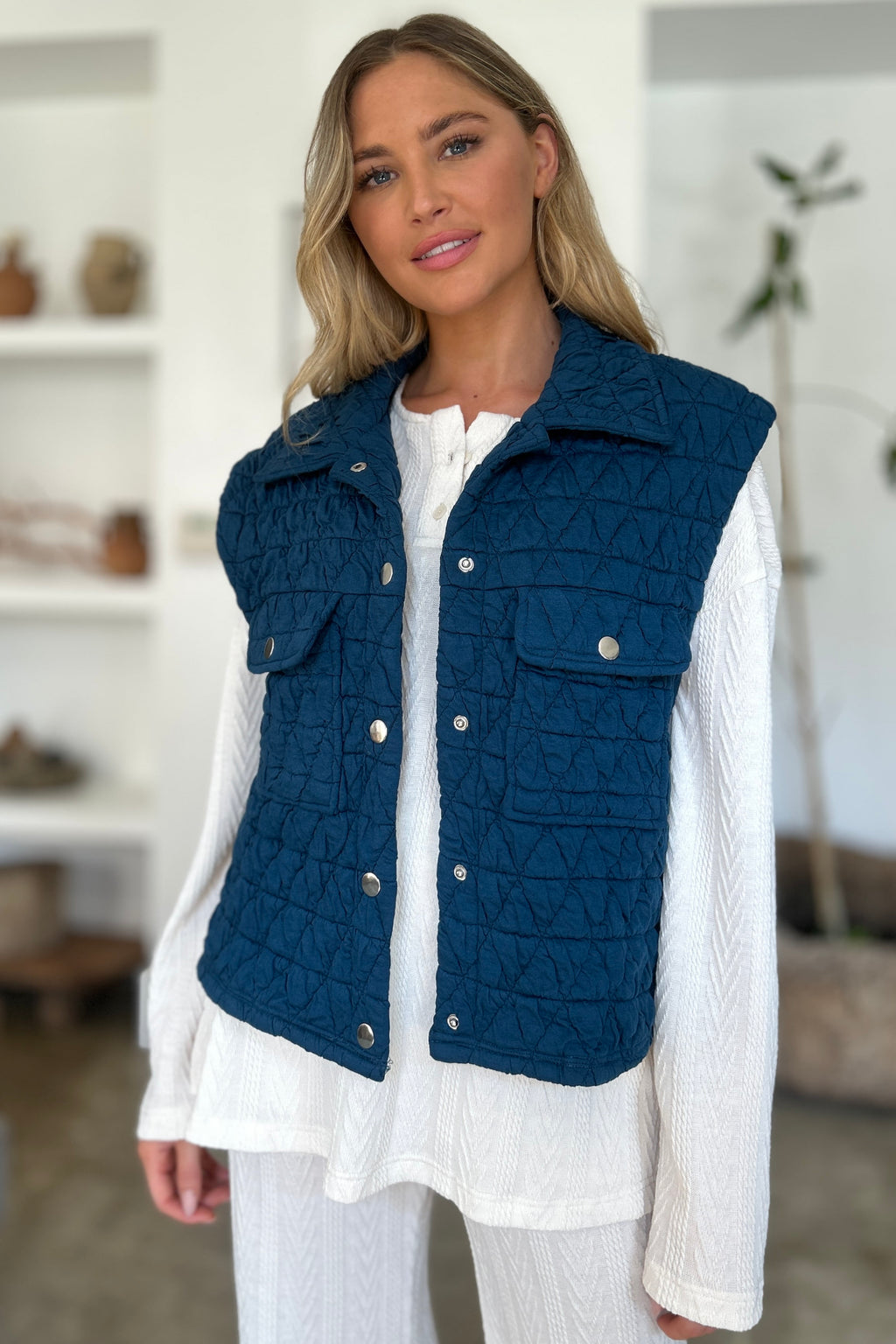 Double Take Full Size Pocketed Texture Snap Down Vest Coat *
