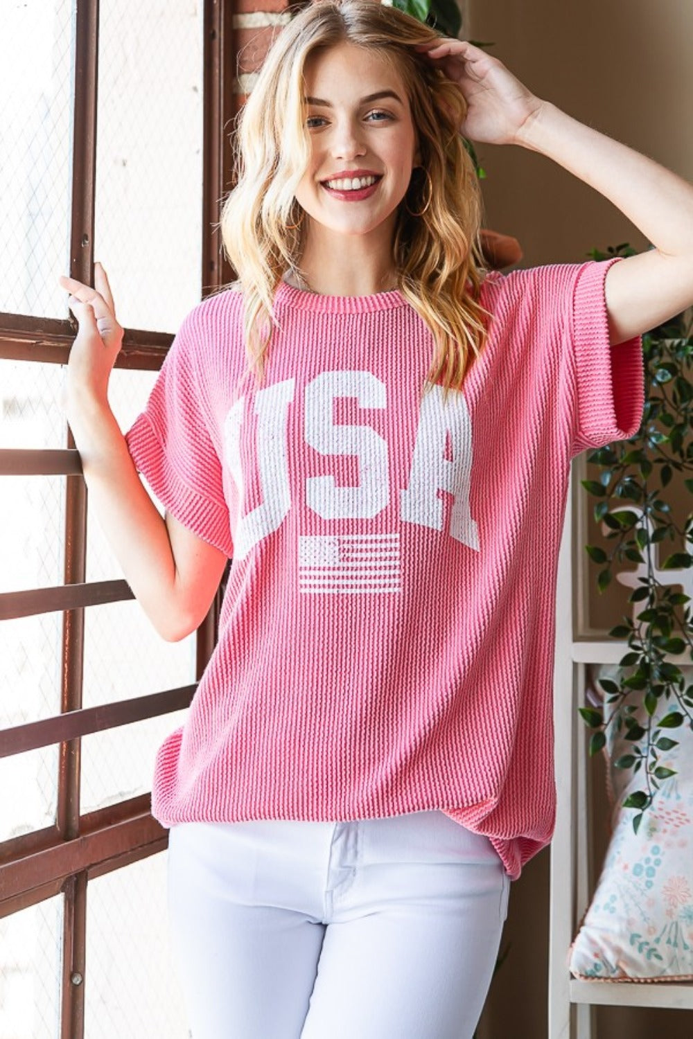 Heimish Full Size USA Graphic Short Sleeve Ribbed Top *