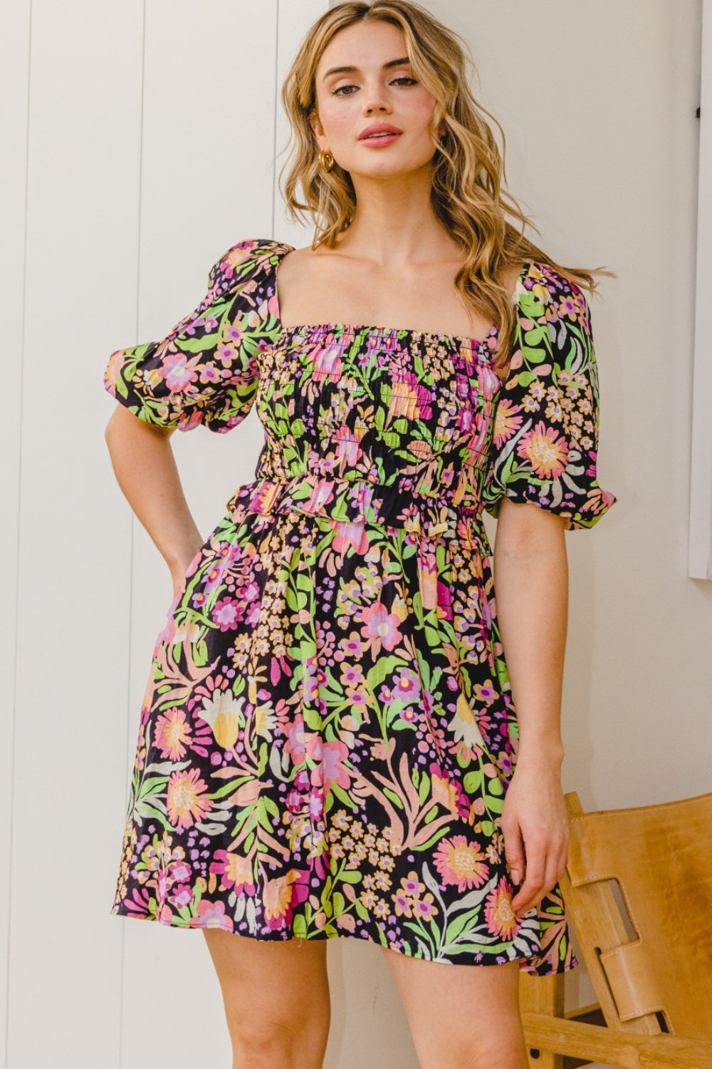 ODDI Full Size Floral Tie-Back Mini Dress *
