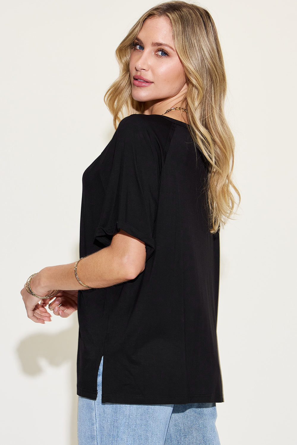 Basic Bae Full Size Bamboo Slit V-Neck Short Sleeve T-Shirt *
