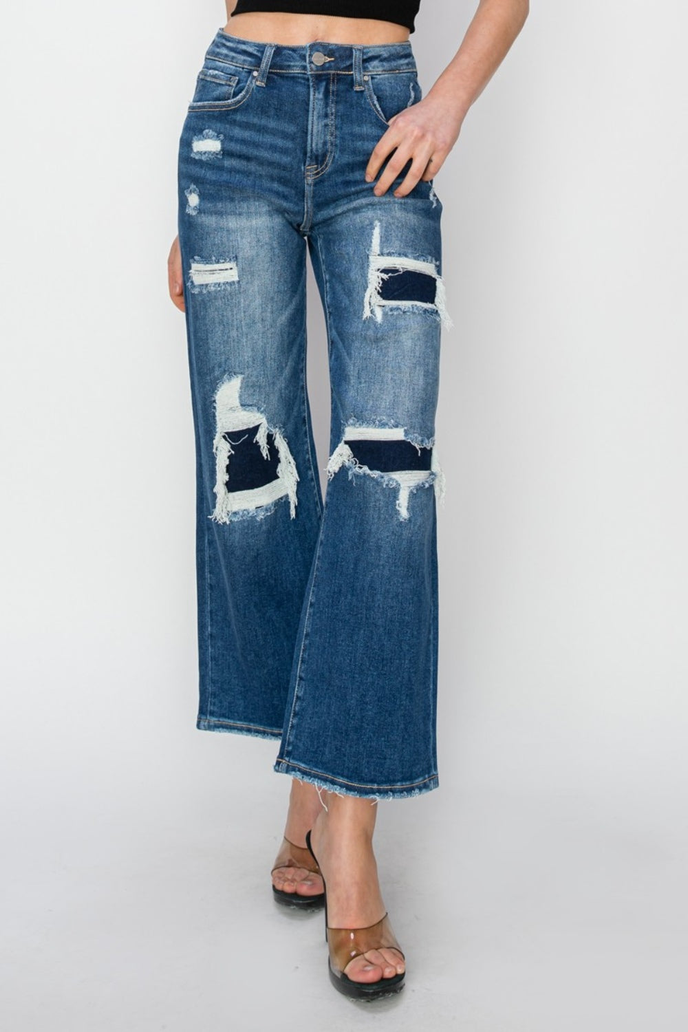 Risen Full Size High Rise Patch Detailed Wide Leg Crop Jeans *