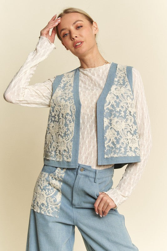 Davi & Dani Lace Patch Open Front Denim Vest *