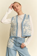 Davi & Dani Lace Patch Open Front Denim Vest *