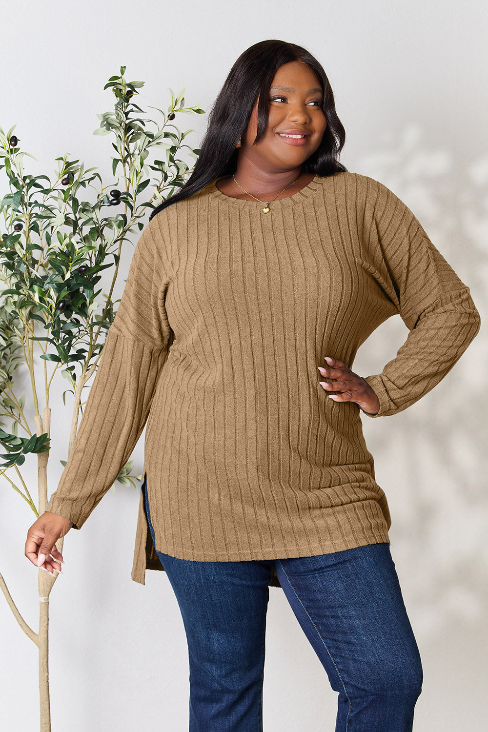Basic Bae Full Size Ribbed Round Neck Long Sleeve Slit Top *