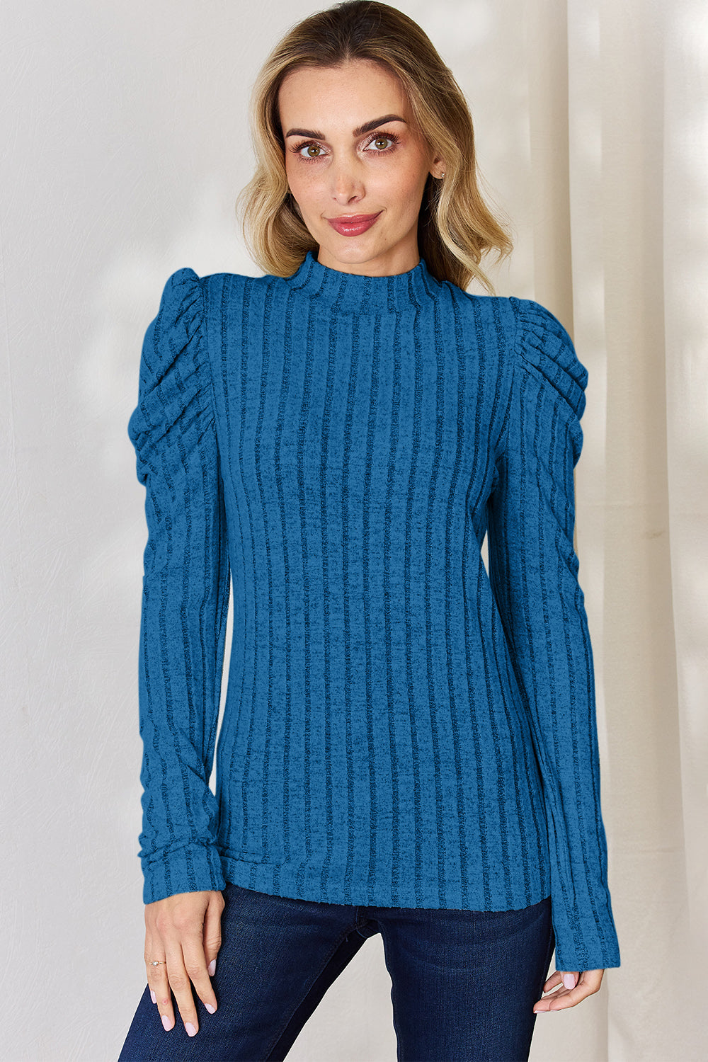 Basic Bae Full Size Ribbed Mock Neck Puff Sleeve T-Shirt *