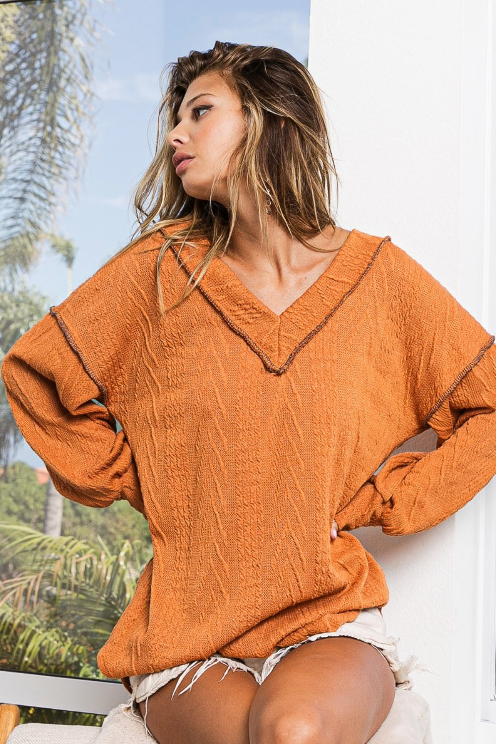 BiBi Textured Exposed Seam Drop Shoulder Knit Top - Brand BiBi
