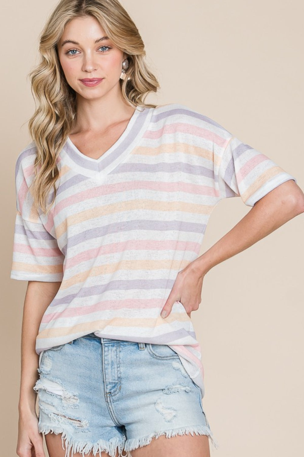 BOMBOM Striped V-Neck Short Sleeve T-Shirt *