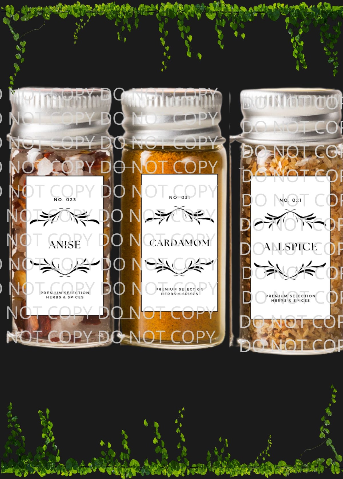 Spice Labels Black with Leaf Design Digital Art in PDF SVG PNG JPG File Formats