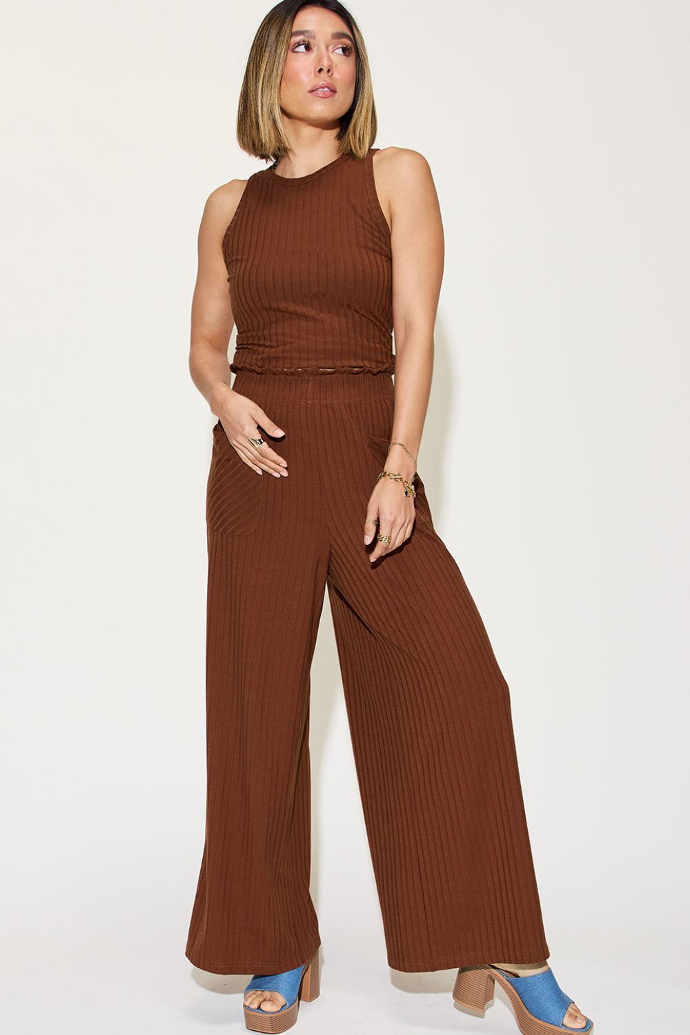 Basic Bae Full Size Ribbed Tank and Wide Leg Pants Set *