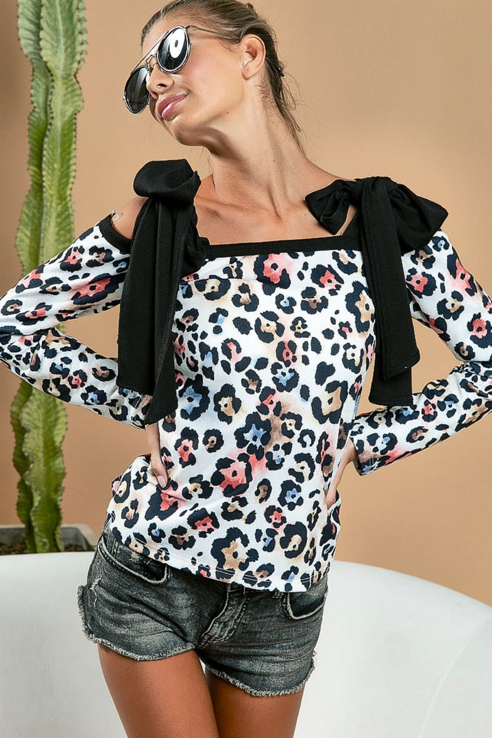 BiBi Leopard Shoulder Tie Long Sleeve Top - Brand BiBi