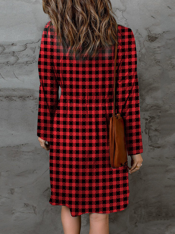 Double Take Full Size Plaid Round Neck Long Sleeve Magic Dress *