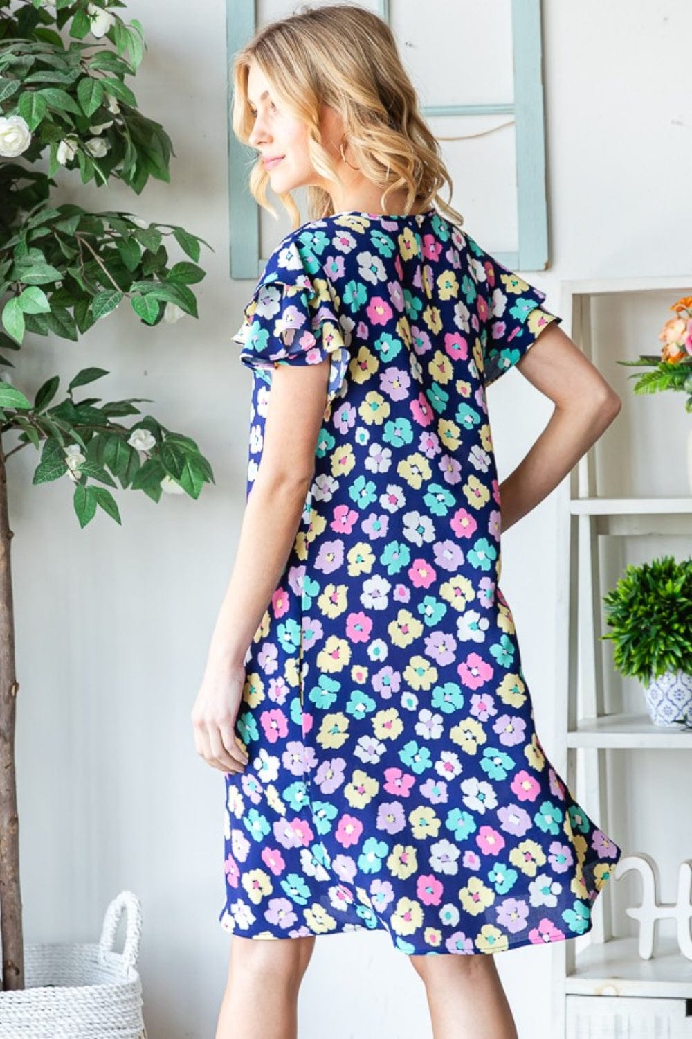 Heimish Full Size Floral Ruffled Short Sleeve Dress with Pockets *