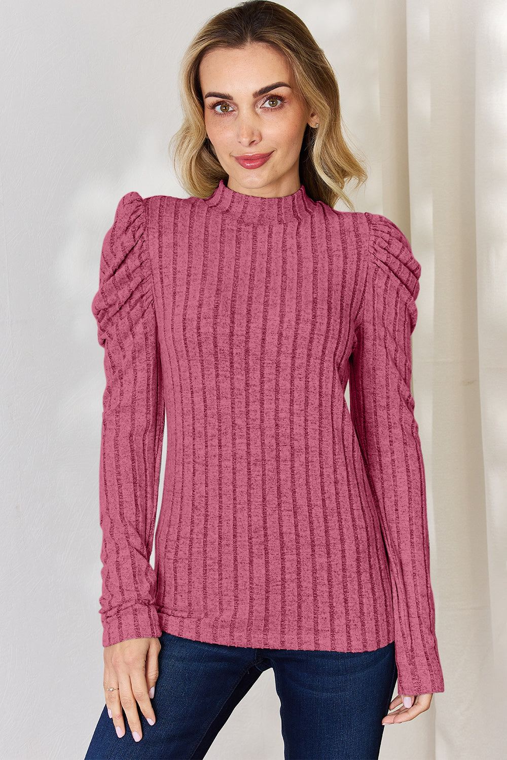 Basic Bae Full Size Ribbed Mock Neck Puff Sleeve T-Shirt *