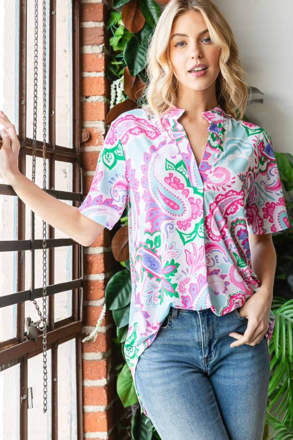 Heimish Full Size Paisley Print Short Sleeve Top *