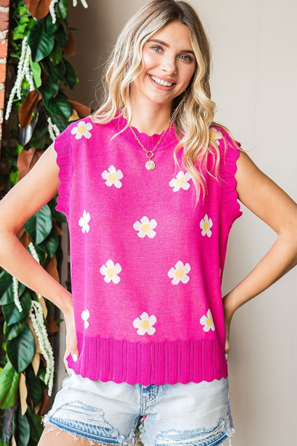 First Love Full Size Flower Pattern Round Neck Sweater Vest *