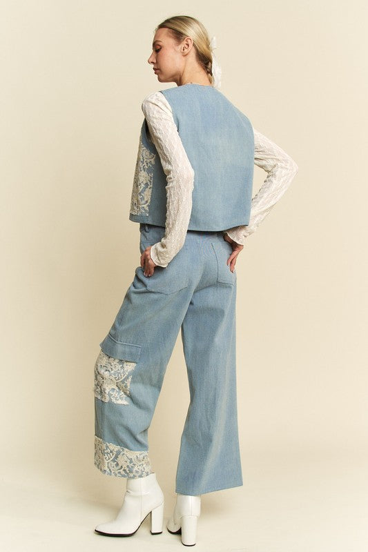 Davi & Dani Lace Patch Open Front Denim Vest *