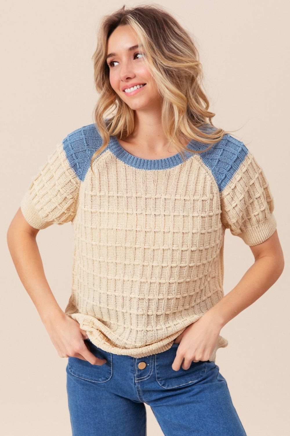 BiBi Textured Contrast Short Sleeve Sweater - Brand BiBi