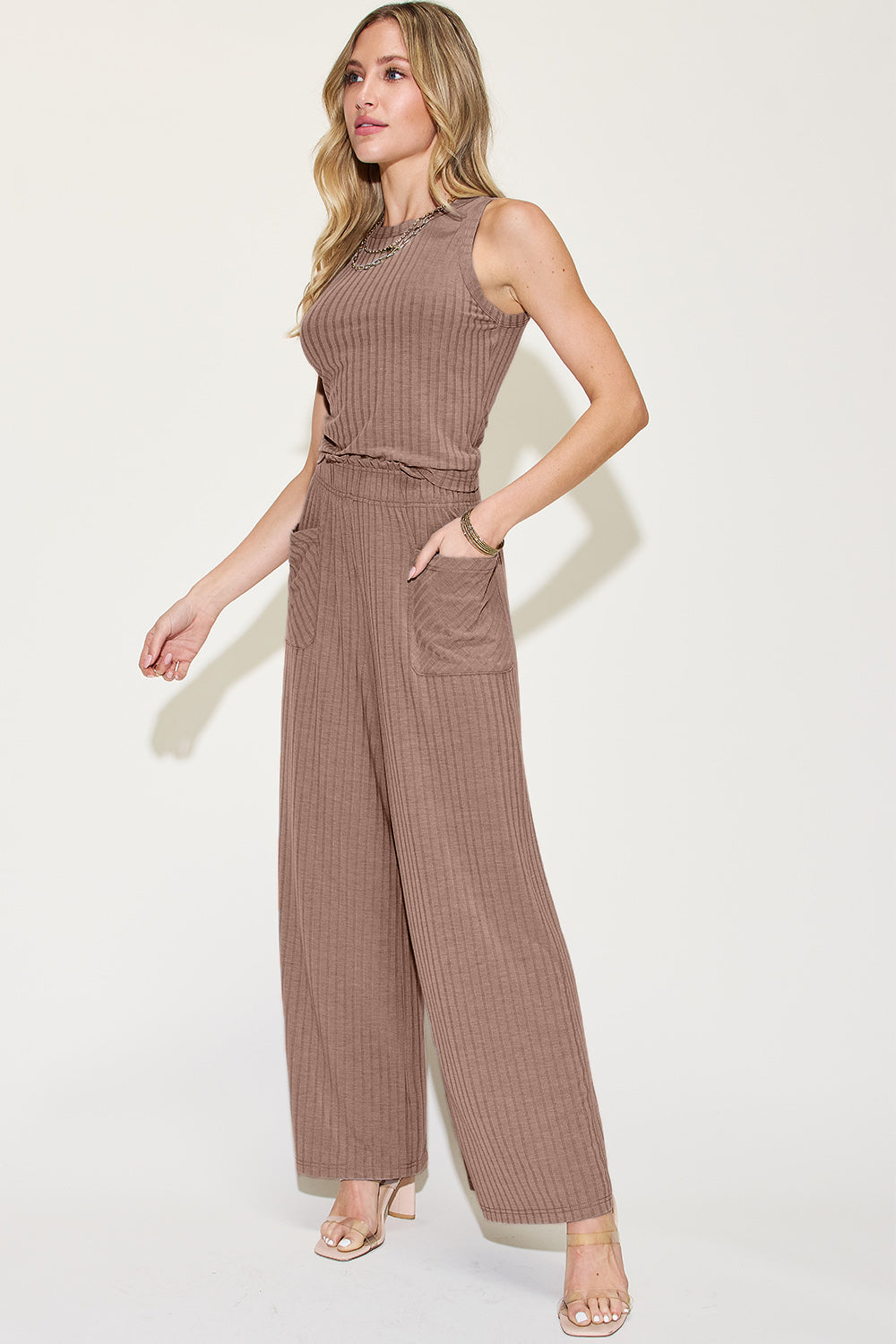 Basic Bae Full Size Ribbed Tank and Wide Leg Pants Set *