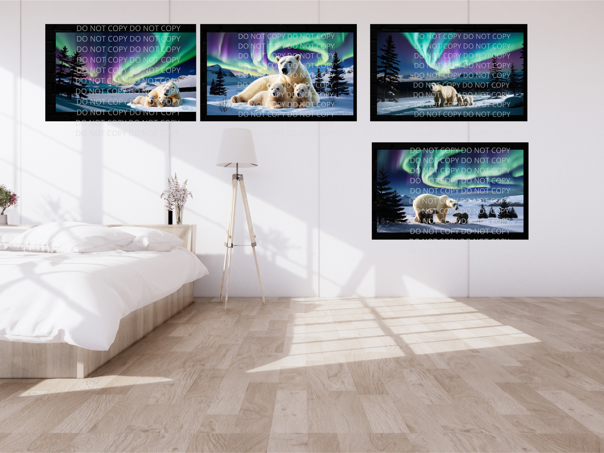 Polar Bear and Cubs Northern Lights Digital Art in PDF SVG PNG File Formats
