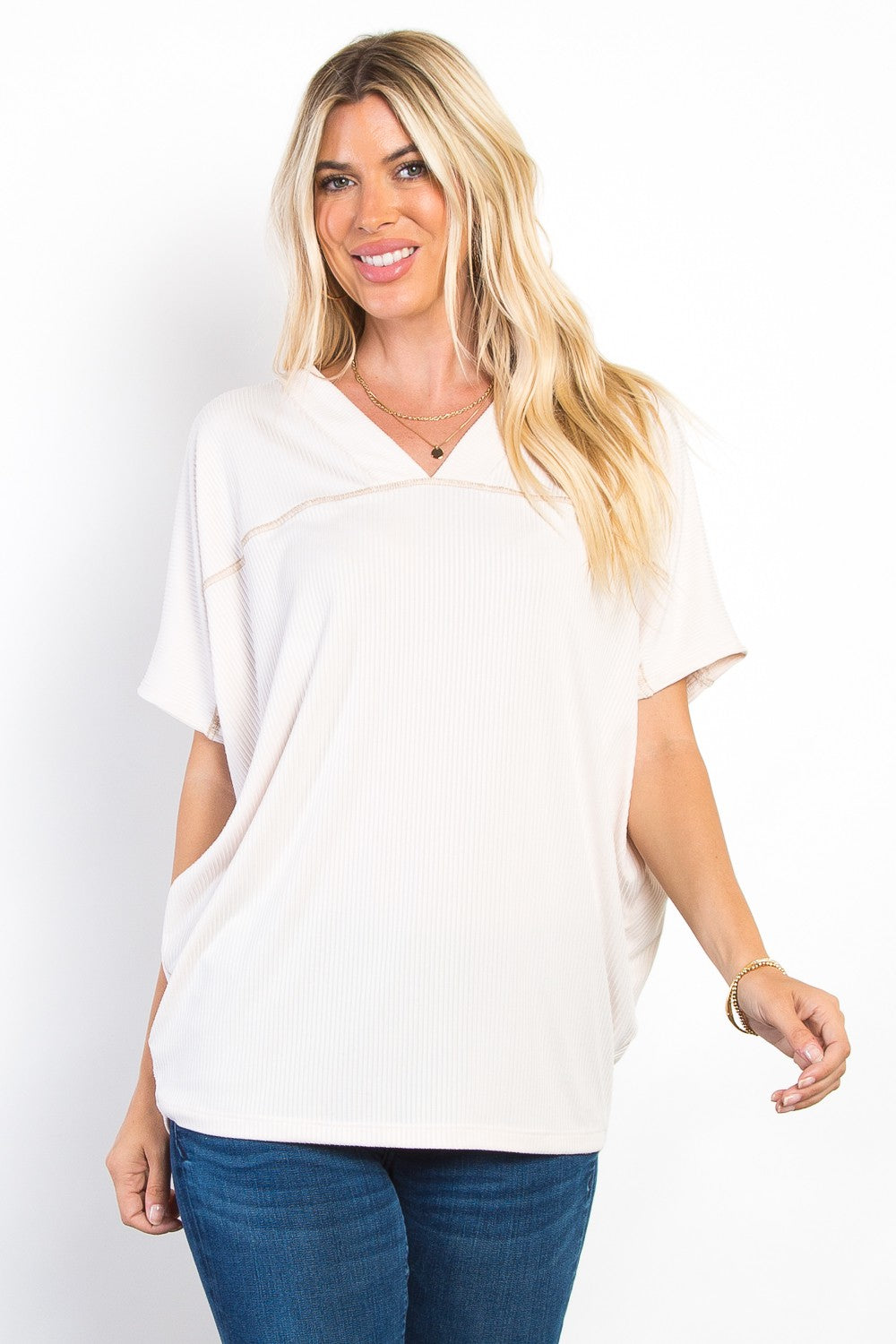 Be Stage Full Size V-Neck Short Sleeve Ribbed Top *