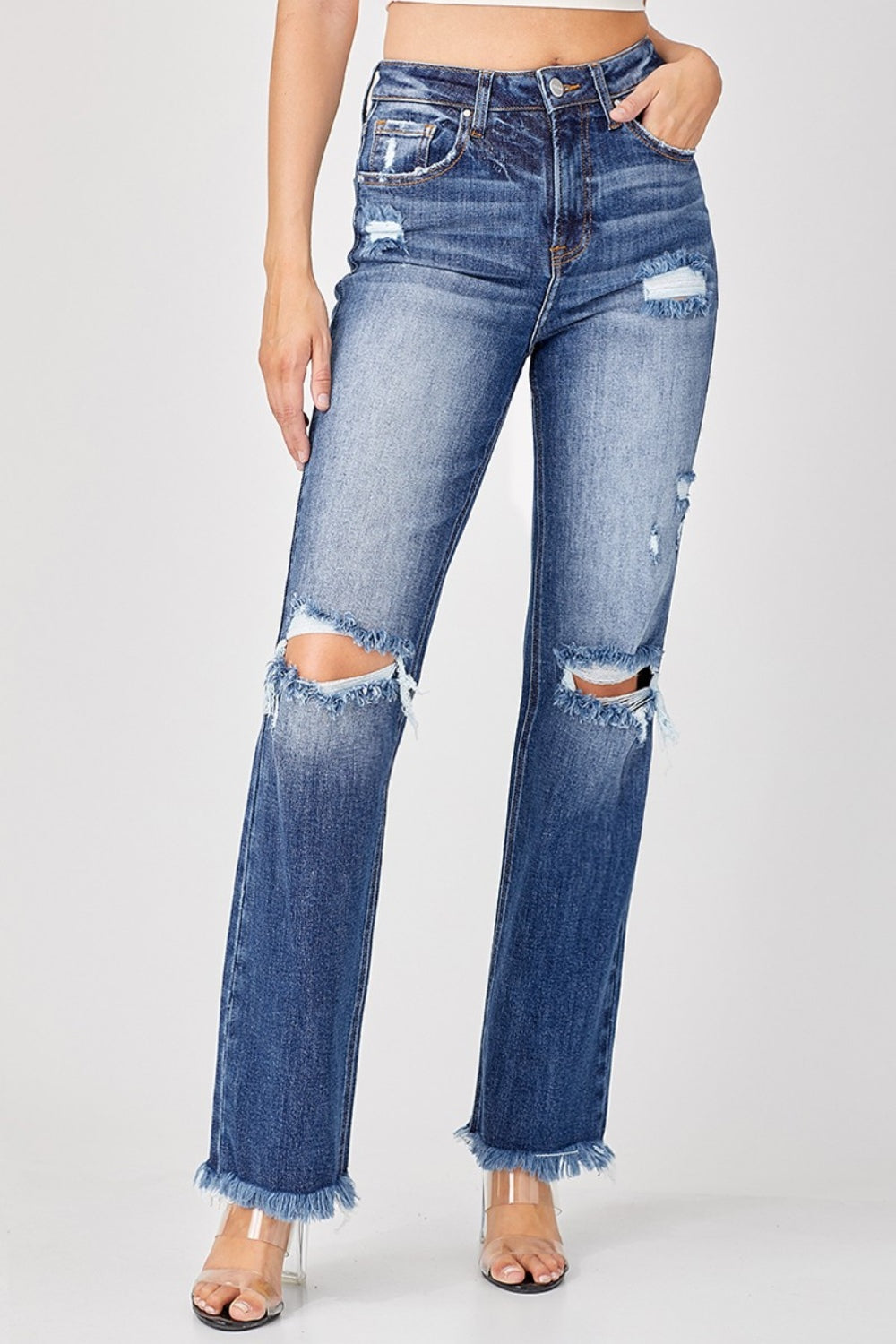 Risen Full Size Raw Hem Distressed Straight Jeans *
