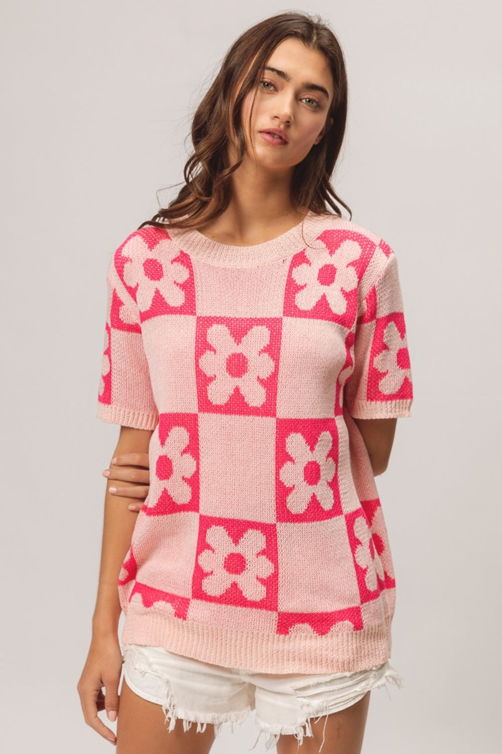 BiBi Flower Checker Pattern Short Sleeve Sweater - Brand BiBi