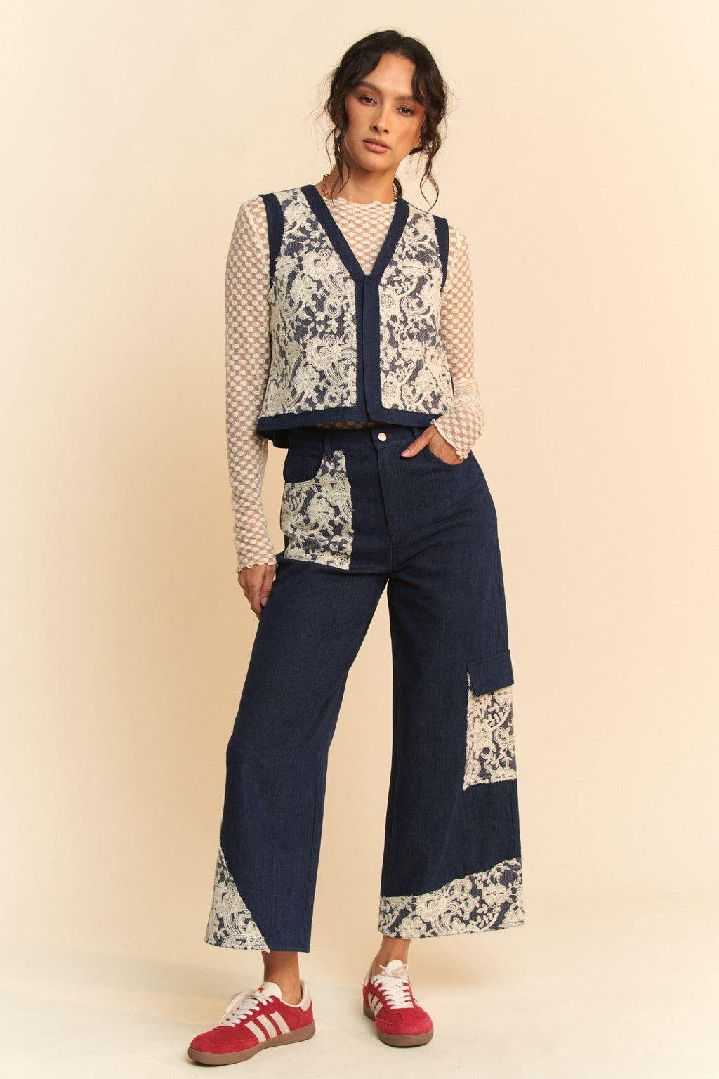 Davi & Dani Lace Patch Open Front Denim Vest *