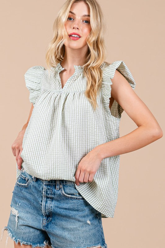 Ces Femme Plaid Notched Ruffled Cap Sleeve Blouse *