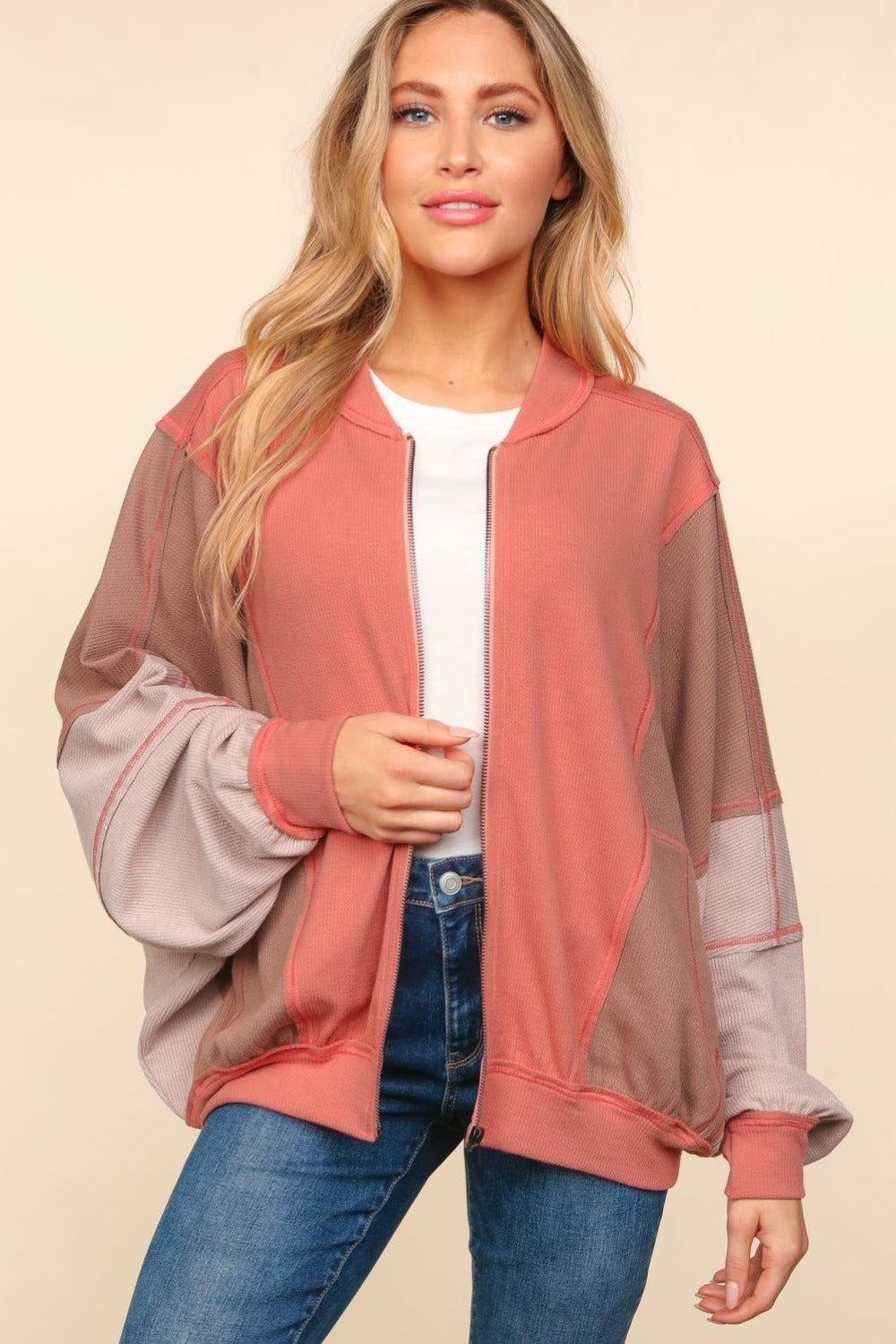 Haptics Zip Up Color Block Bomber Jacket with Side Pockets *