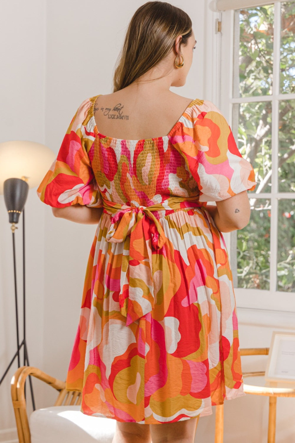 ODDI Full Size Printed Tied Back Short Sleeve Mini Dress *