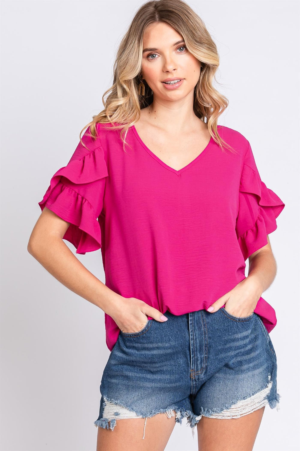 GeeGee V-Neck Ruffle Trim Short Sleeve Blouse *